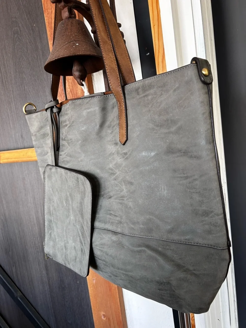 Gray Vegan Leather Tote Bag Large Shoulder Bag w/ Pouch Minimalist Everyday
